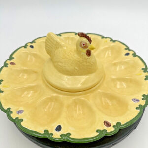 Vintage Yellow Deviled Egg Platter Chicken Bowl Cover